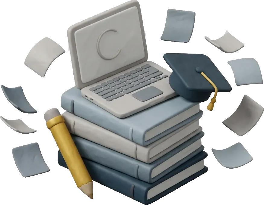 A stack of textbooks with a laptop, graduation cap and pencil