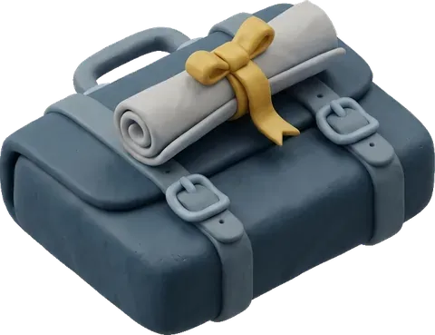 Briefcase with a rolled diploma tied in gold ribbon