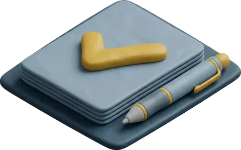 Paper stack with a gold tick and a pen