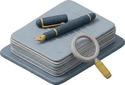 Stack of papers with a fountain pen and magnifying glass