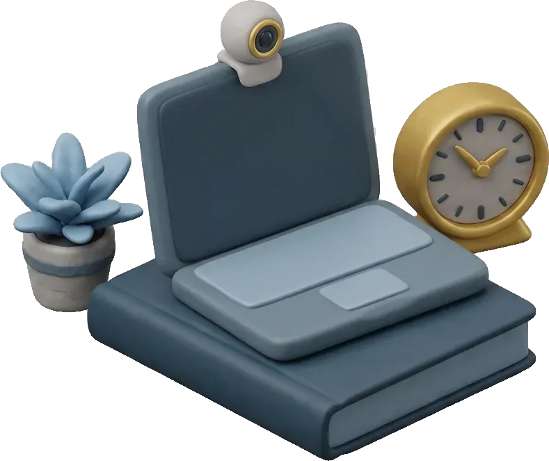A desk with a laptop, webcam, clock and plant ready for an online exam