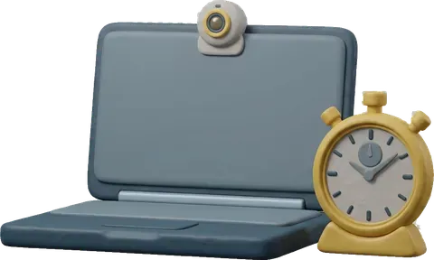 Laptop with a webcam beside a stopwatch